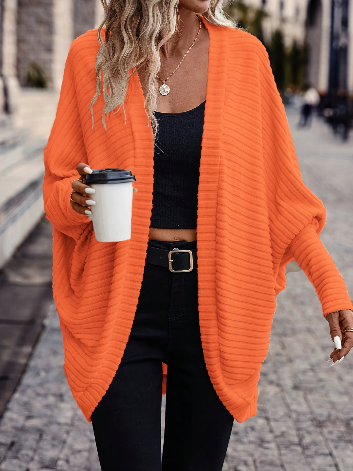 Women's Ribbed Draped Cardigan with Open Front