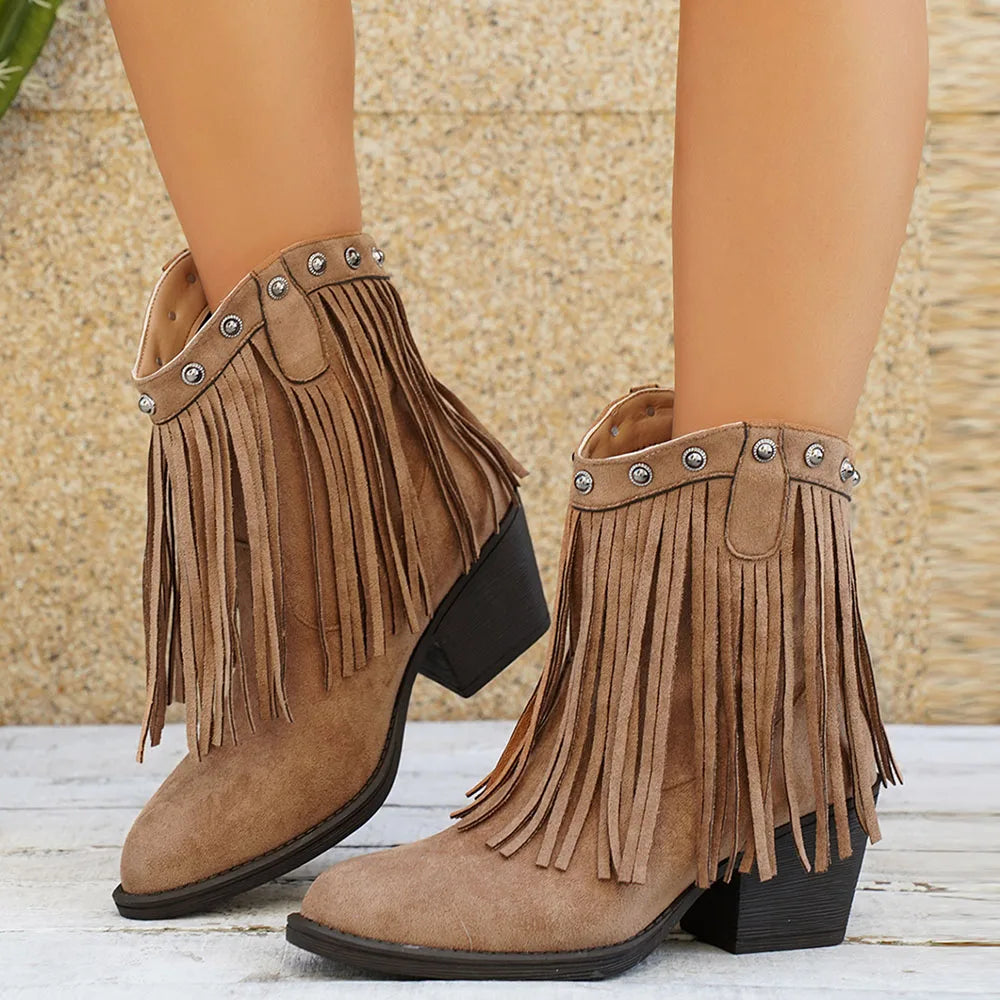 Women's Wide Calf Western Studded Fringe Cowgirl Boots