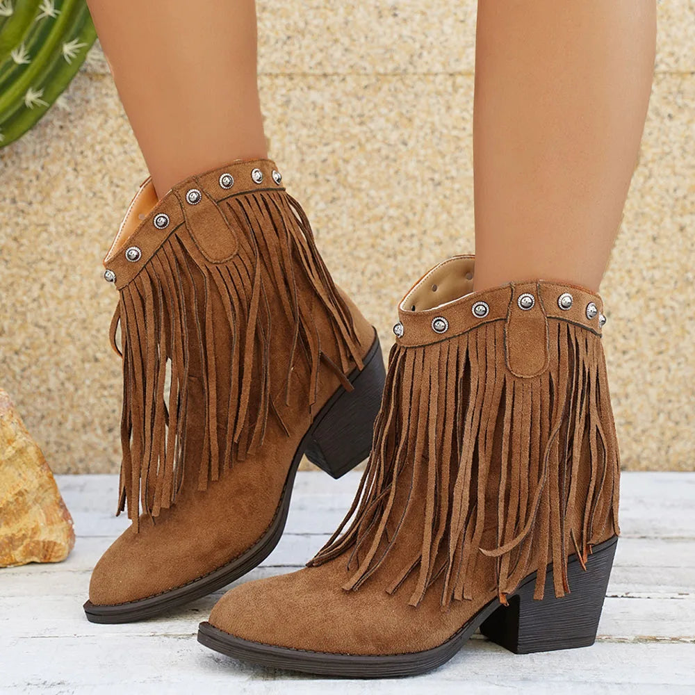 Women's Wide Calf Western Studded Fringe Cowgirl Boots