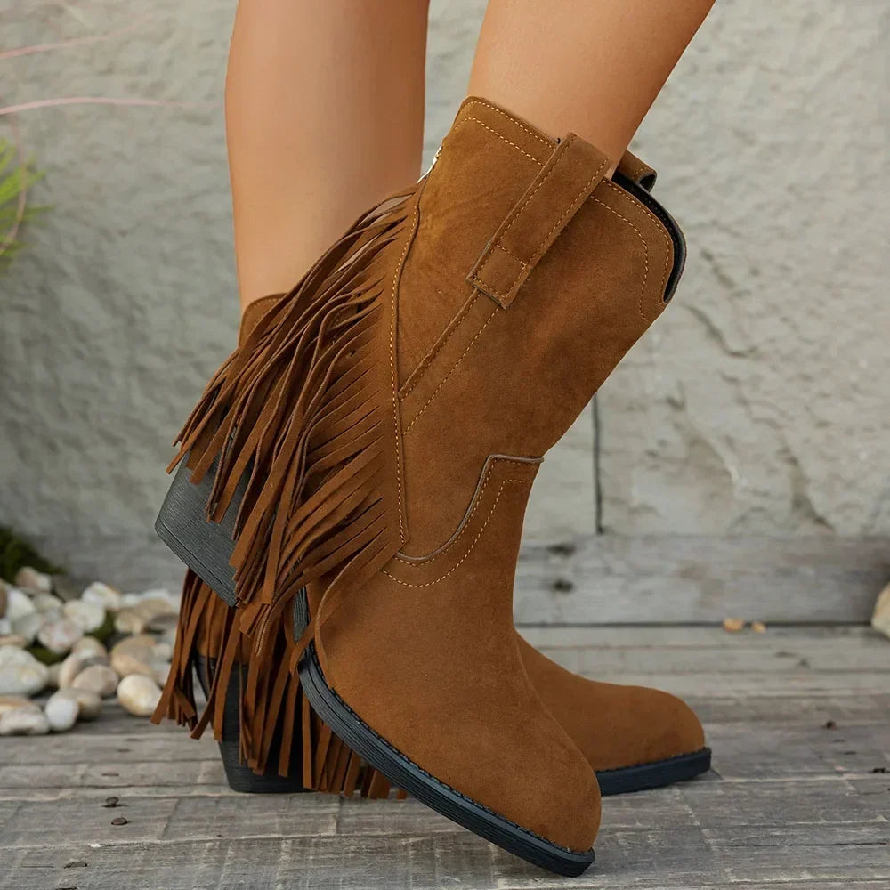 Women's Wide Calf Western Studded Fringe Cowgirl Boots