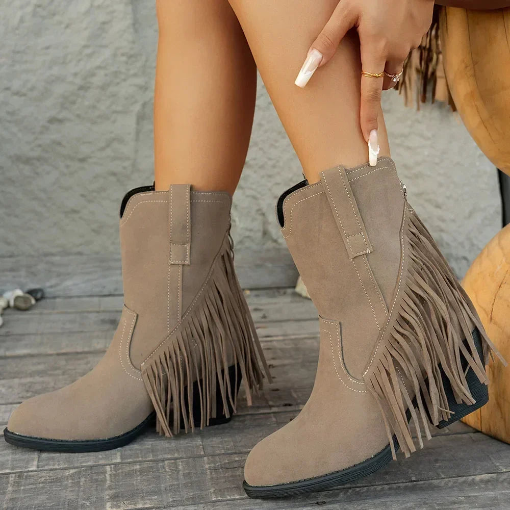 Women's Wide Calf Western Studded Fringe Cowgirl Boots