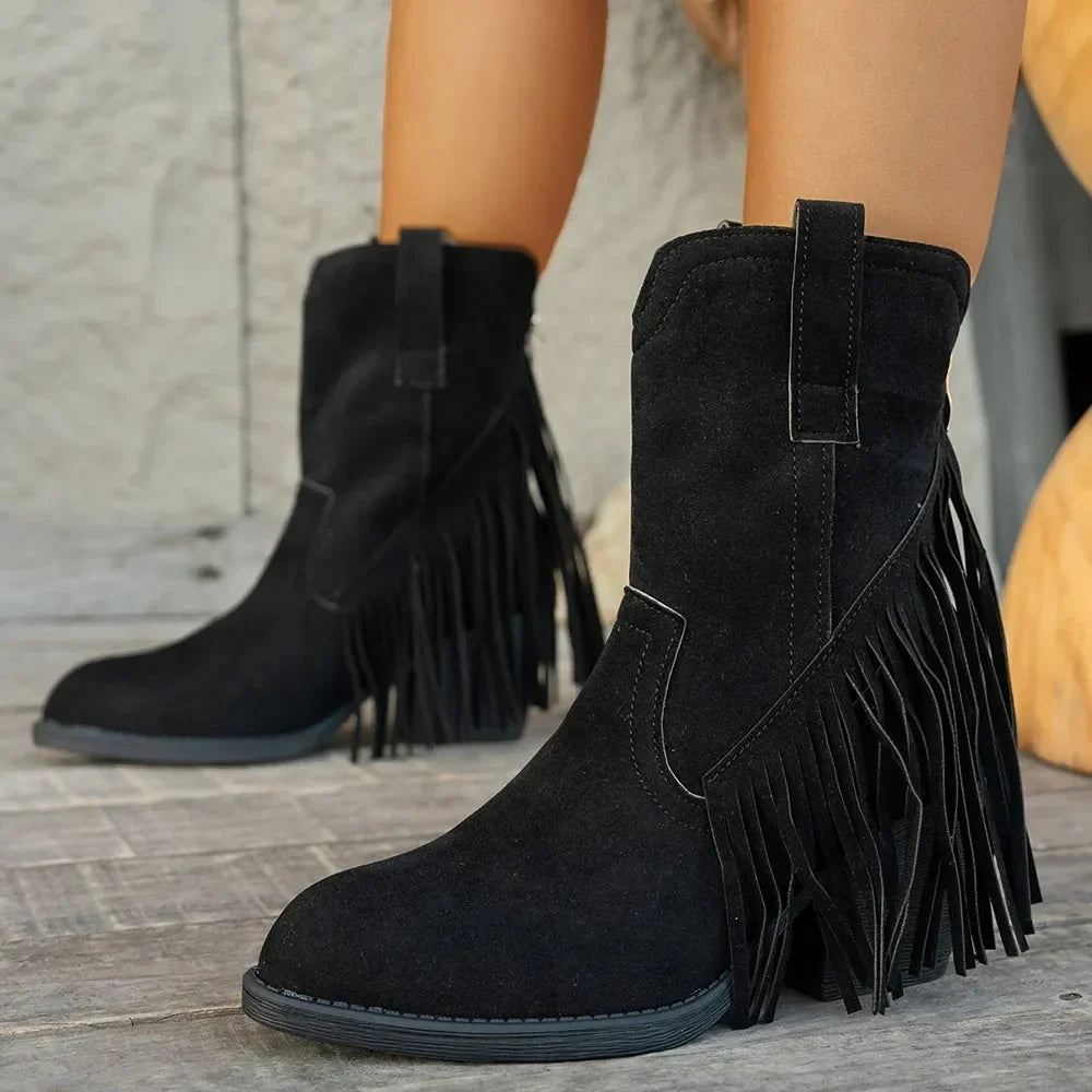 Women's Wide Calf Western Studded Fringe Cowgirl Boots