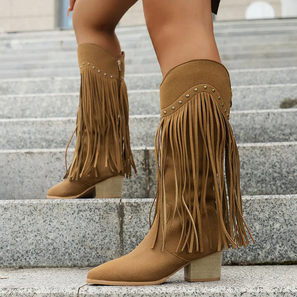 Women's Wide Calf Western Studded Fringe Cowgirl Boots