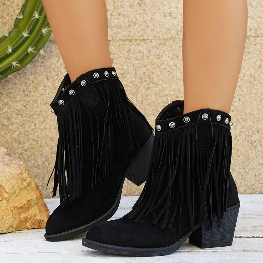 Women's Wide Calf Western Studded Fringe Cowgirl Boots