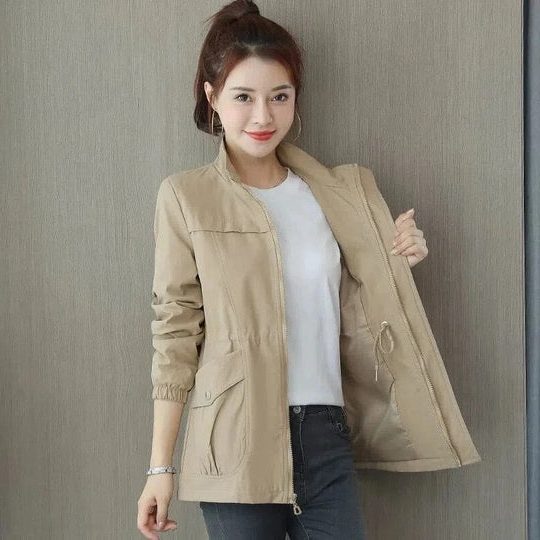 Women's Zip-Front Light Windbreaker Coat with Cinched Waist