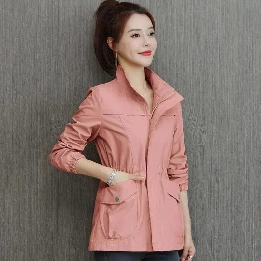 Women's Zip-Front Light Windbreaker Coat with Cinched Waist