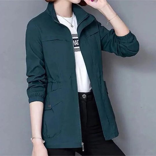 Women's Zip-Front Light Windbreaker Coat with Cinched Waist