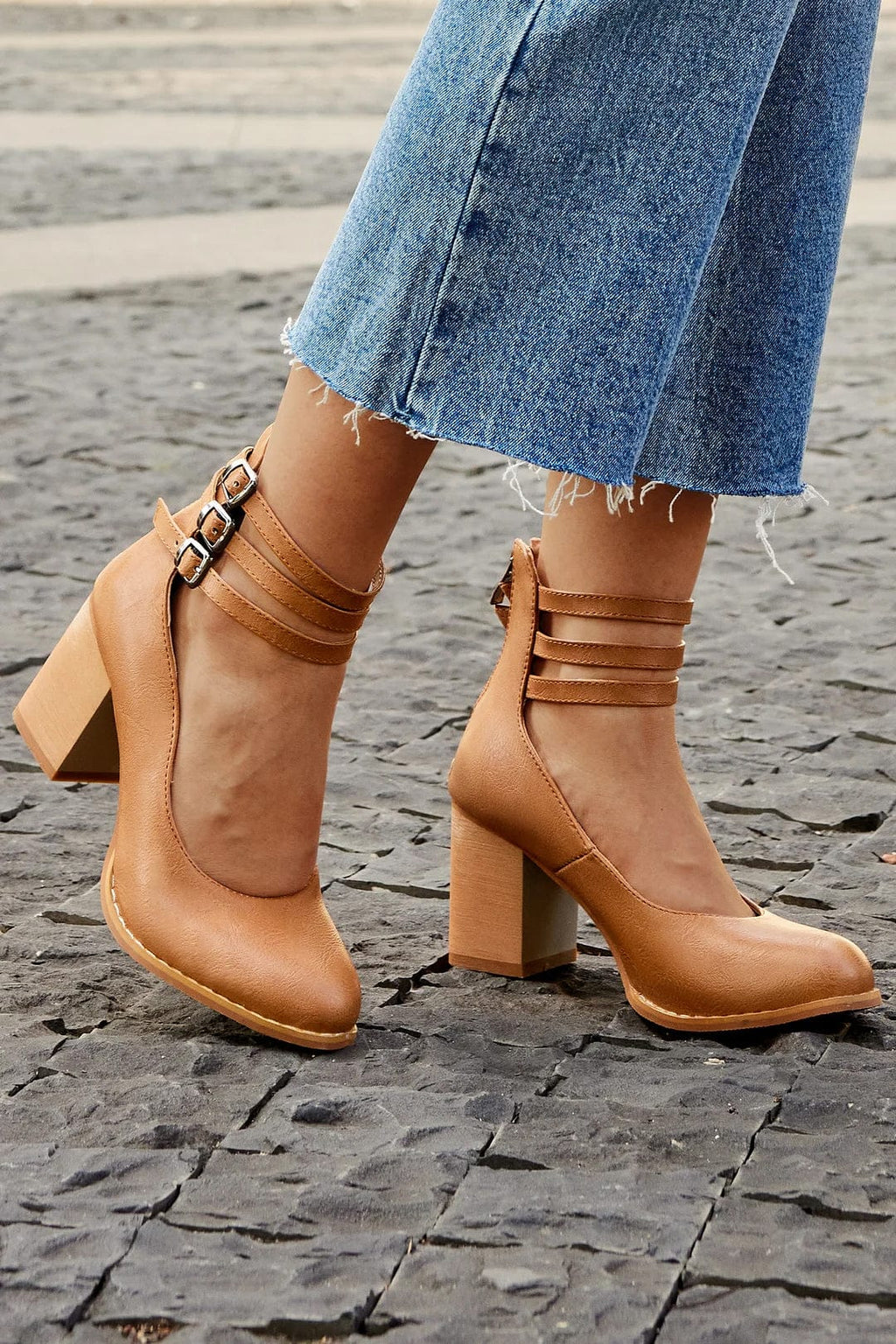 Women's Block Heel Booties with Three Buckle Straps