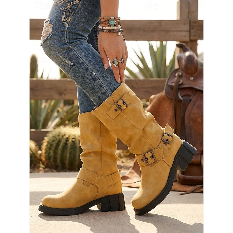 Women's Lug Sole Moto Boots with Chunky Block Heel