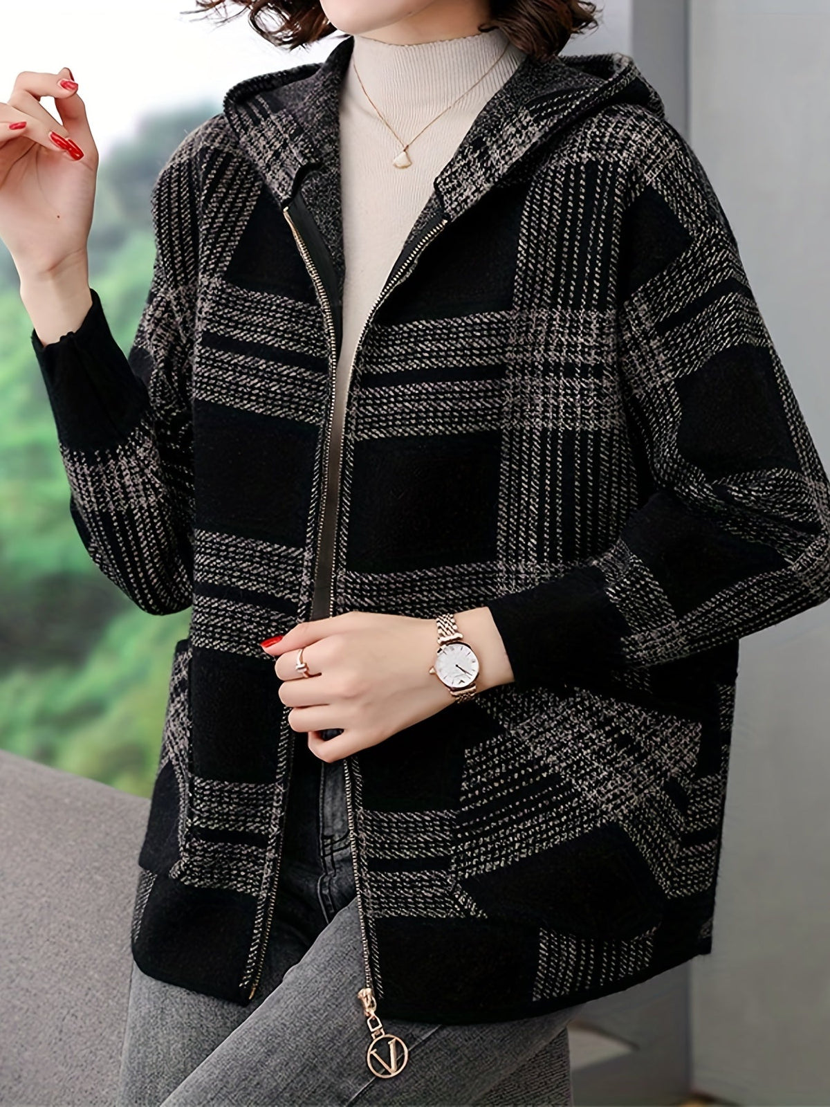 Women's Hooded Zip-Up Checked Loose Fit Coat