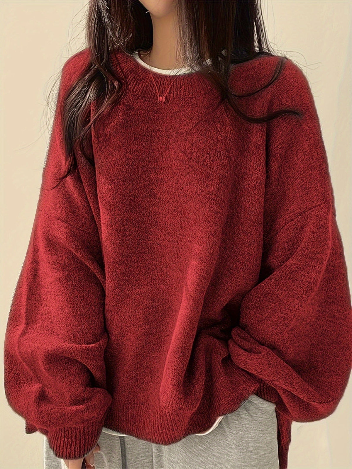 Women's Thick Knit Round Neck Drop-Shoulder Sweater
