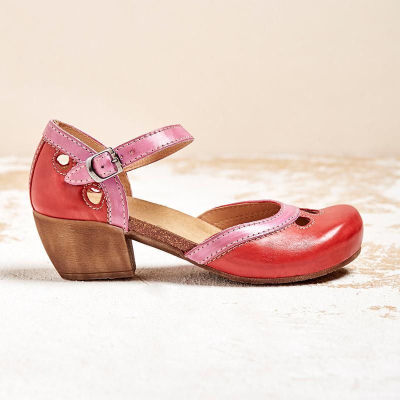 Women's Leather Ankle Strap Mary Jane Flats with Panel Detail