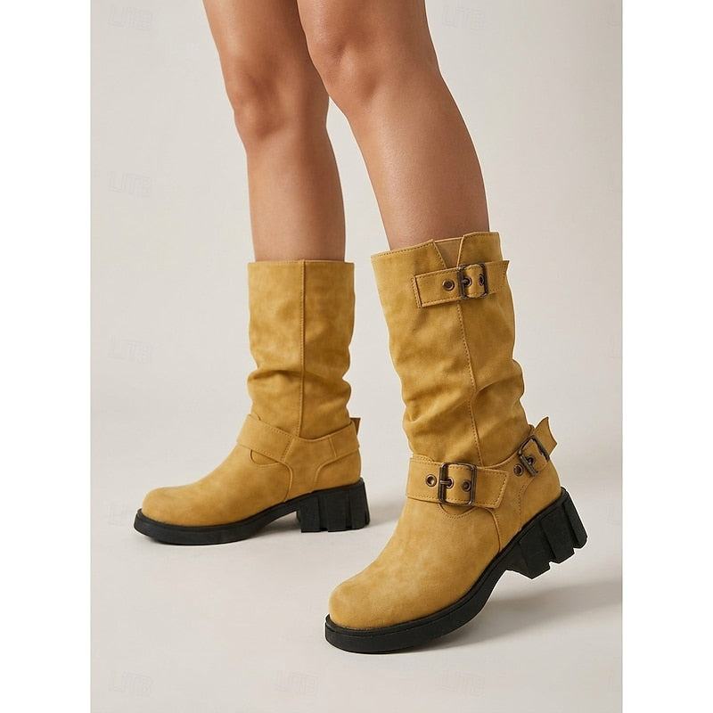 Women's Lug Sole Moto Boots with Chunky Block Heel