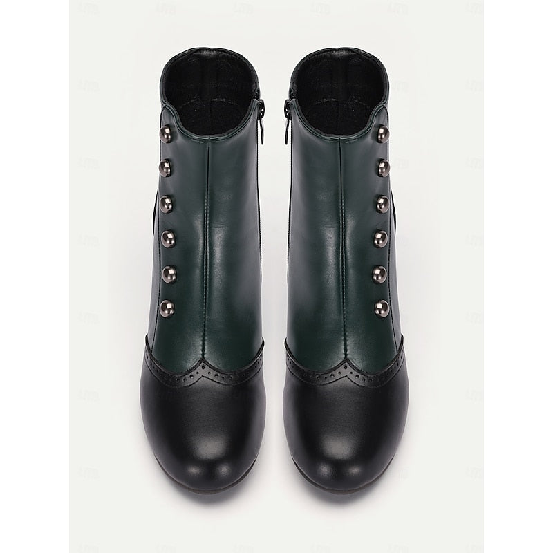 Women's Two-Tone Vintage Ankle Booties with Button Detail