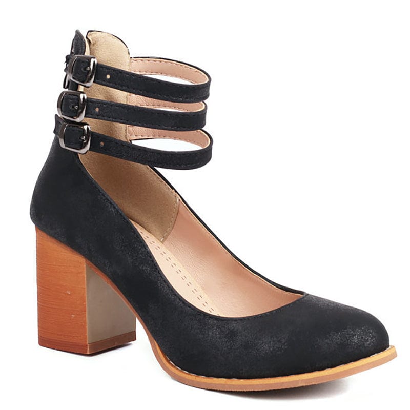 Women's Block Heel Booties with Three Buckle Straps
