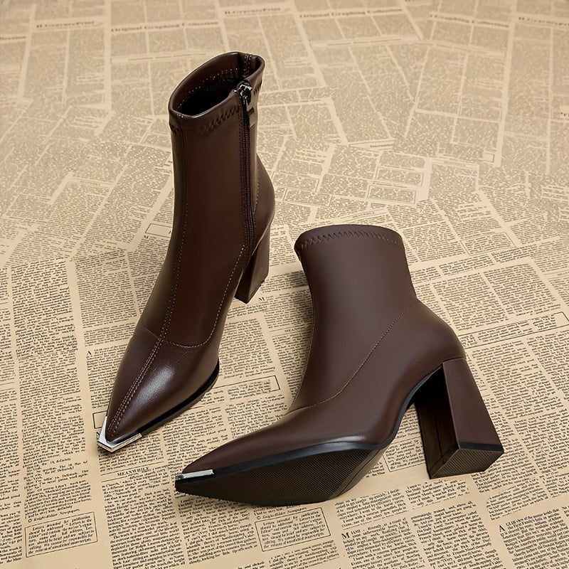 Women's Chunky Block Heel Pointed Toe Zip Booties