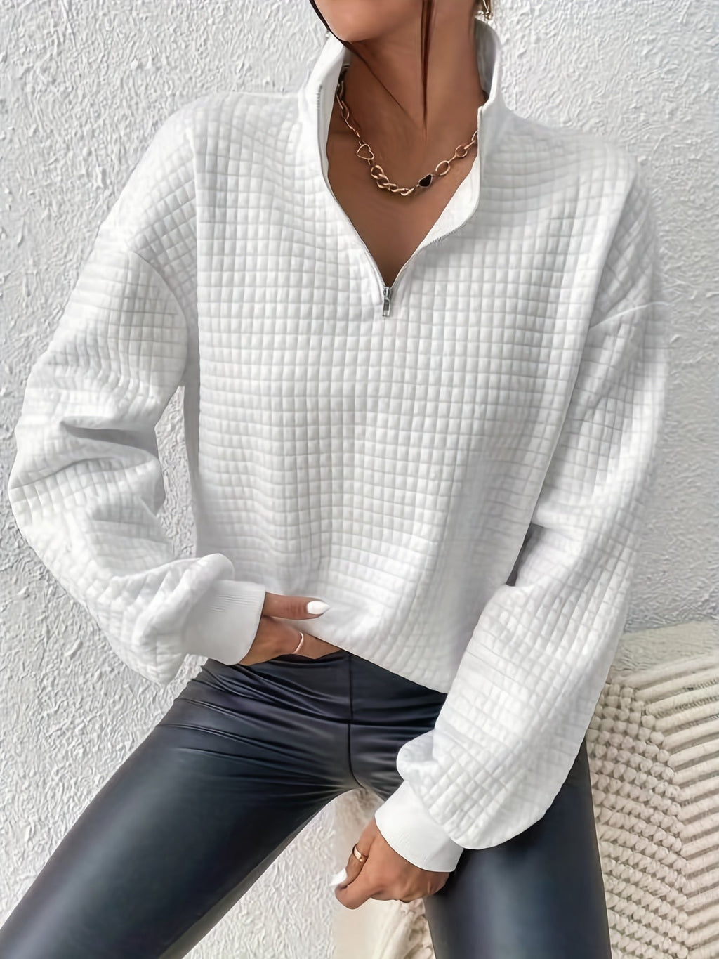 Women's Stand-Neck Textured Knit Sweater with Half Zip