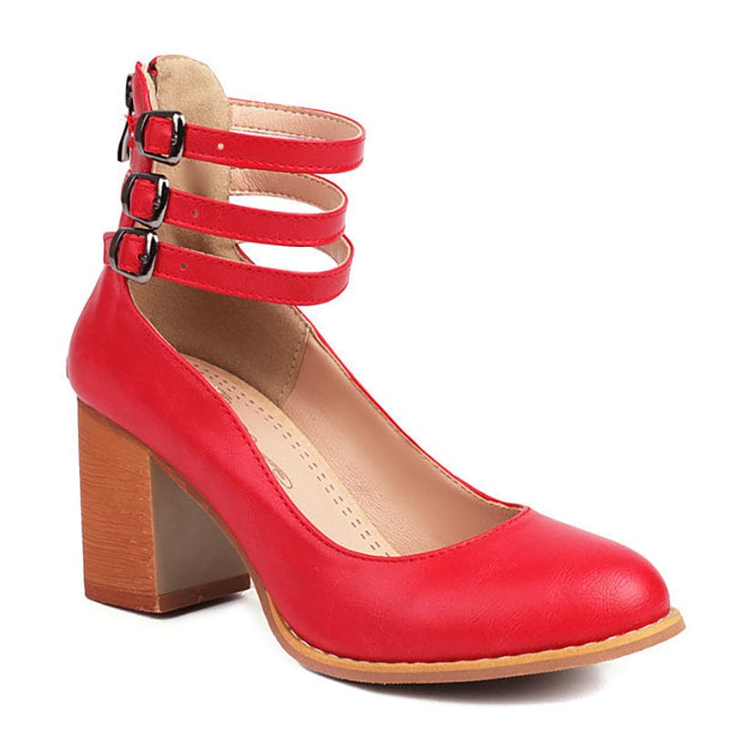 Women's Block Heel Booties with Three Buckle Straps
