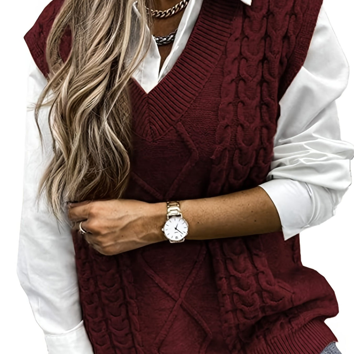 Women's V-Neck Cable Knit Sleeveless Sweater Vest
