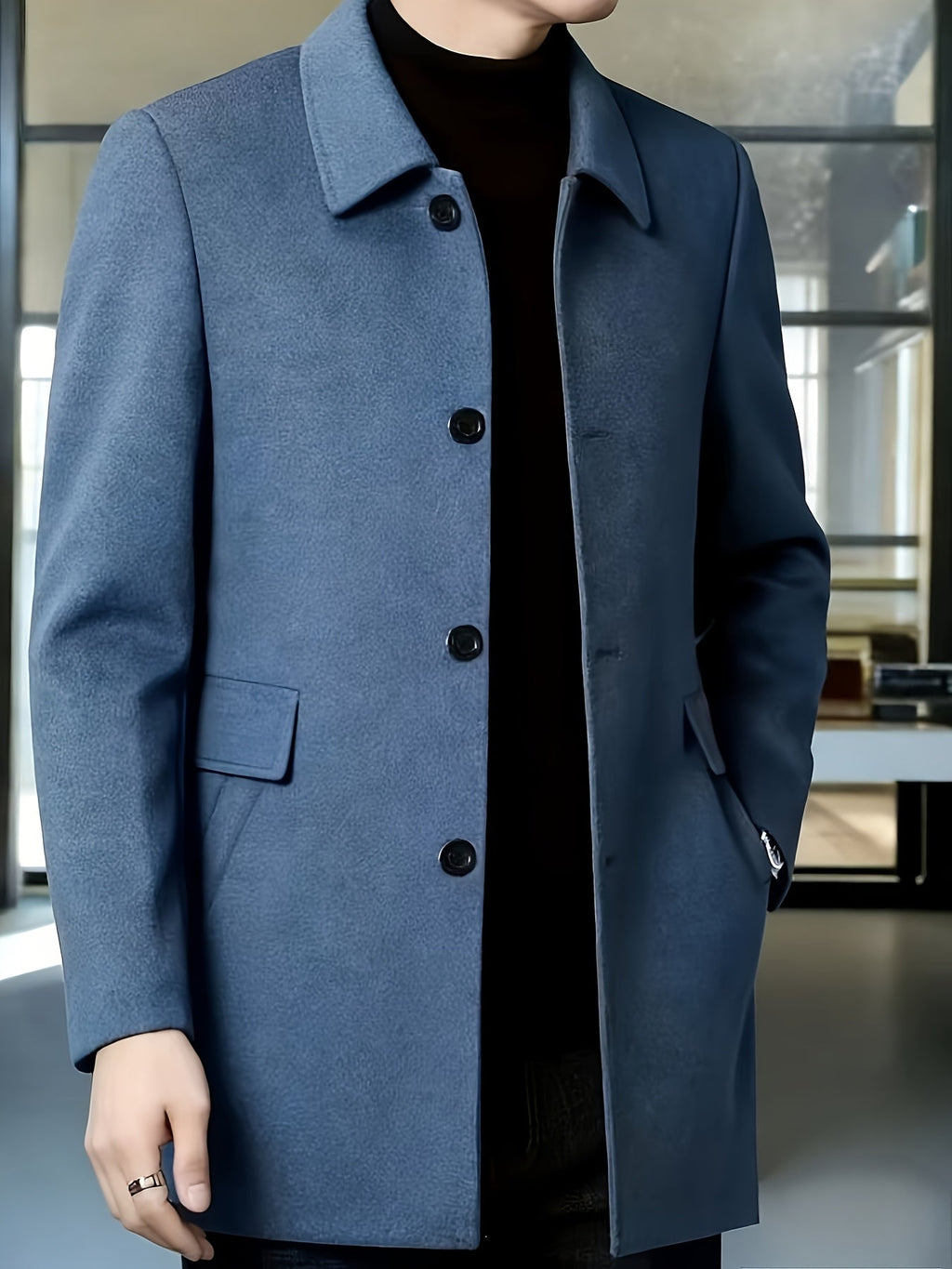 Men's Single-Breasted Refined Topcoat with Side Pockets