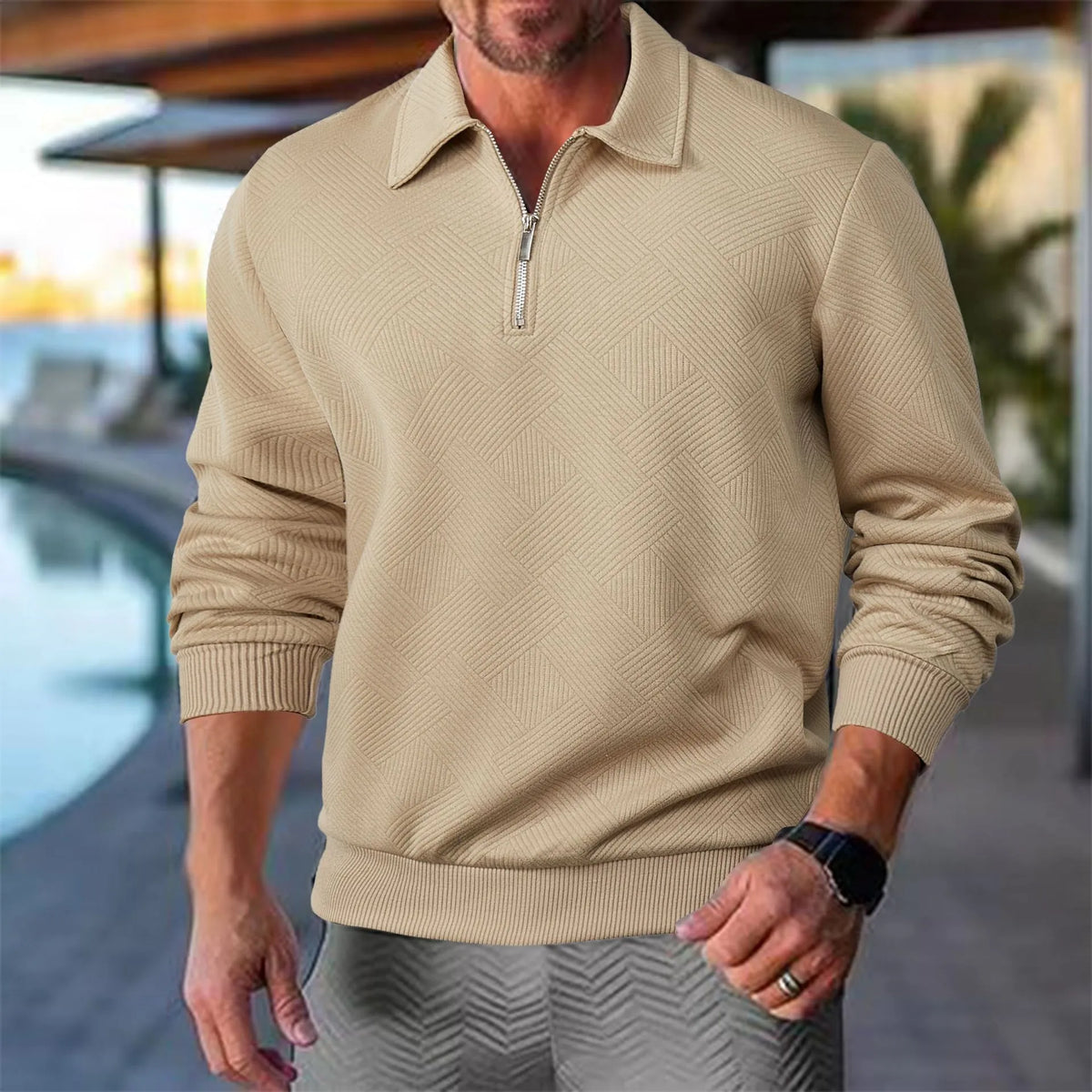 Men's Smart Casual Textured Half-Zip Pullover Top