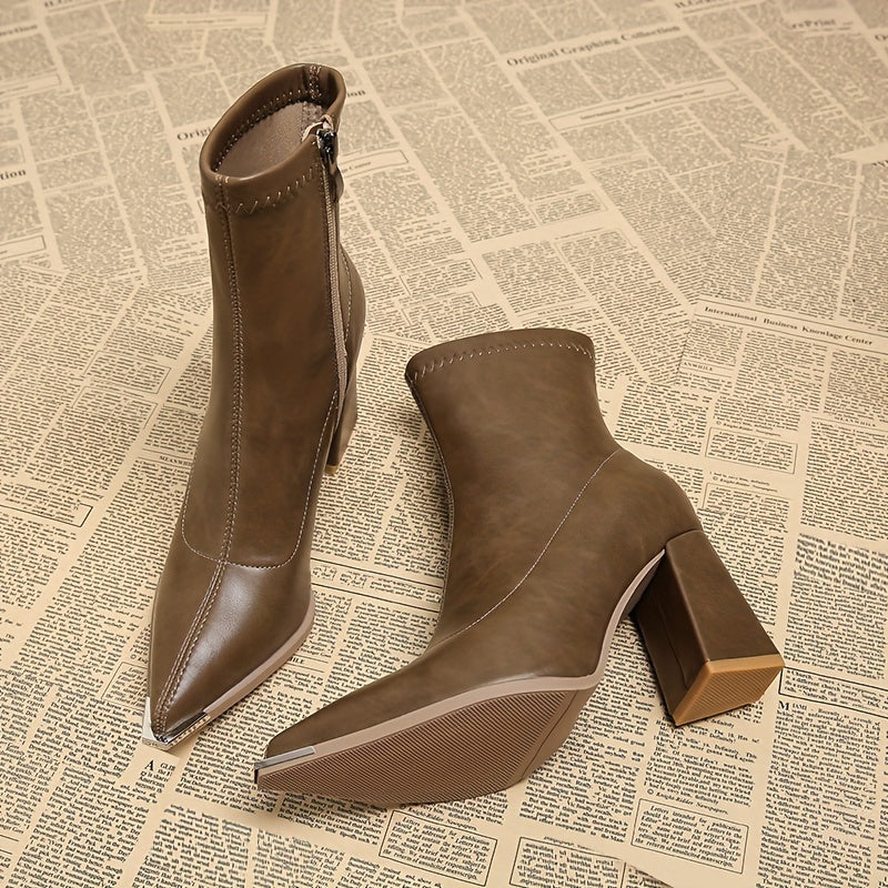 Women's Chunky Block Heel Pointed Toe Zip Booties