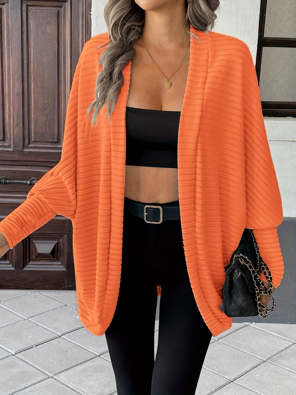 Women's Ribbed Draped Cardigan with Open Front
