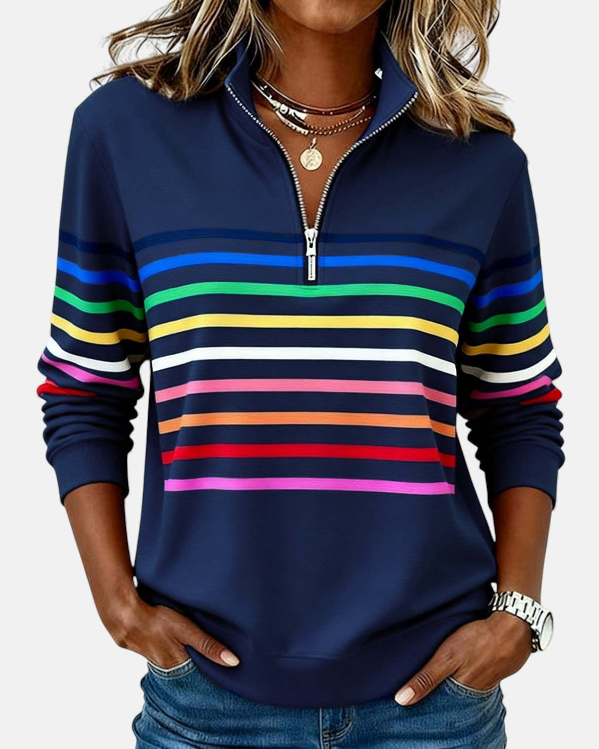 Women's Half-Zip Striped Pullover Sweatshirt