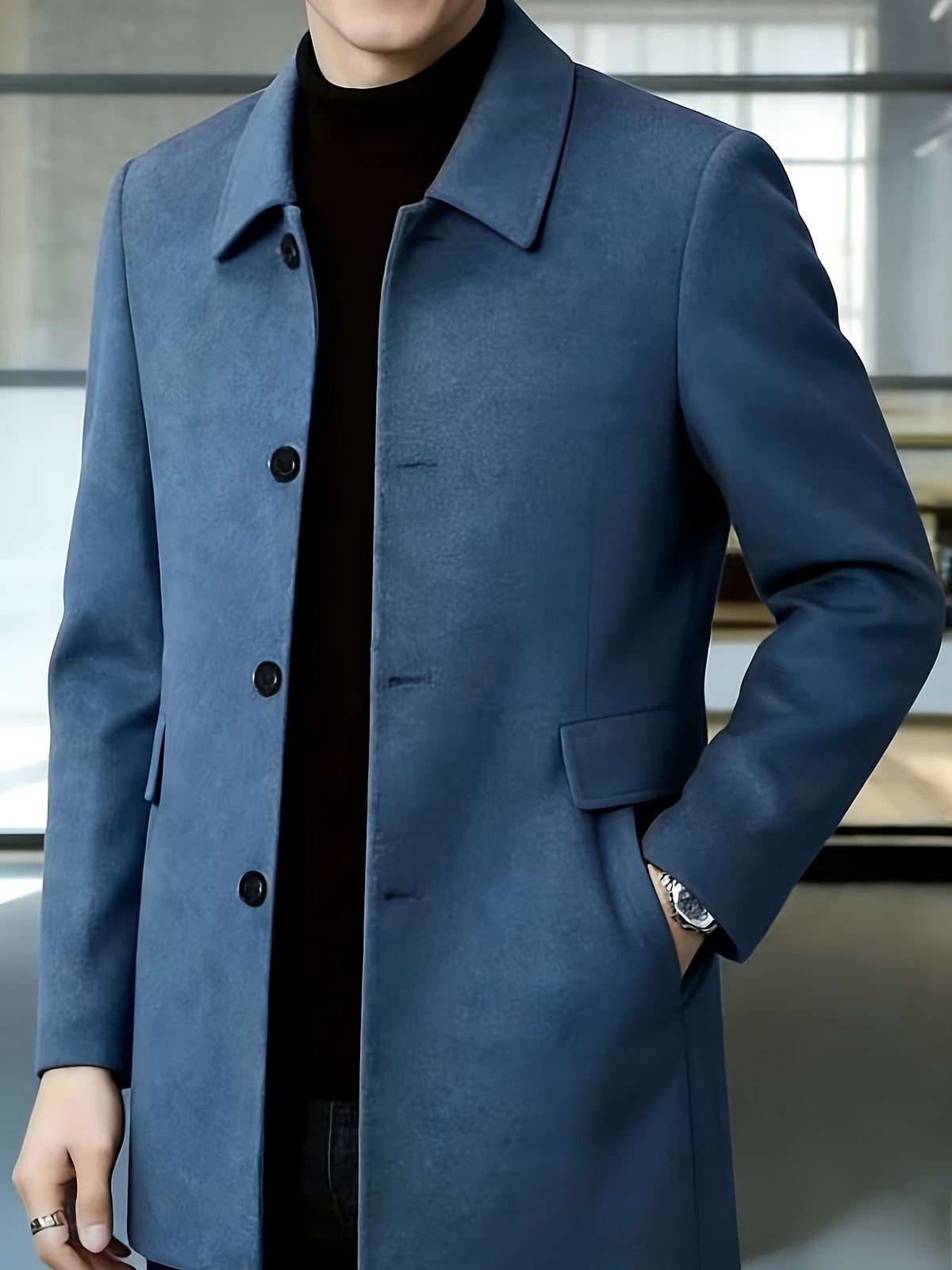 Men's Single-Breasted Refined Topcoat with Side Pockets