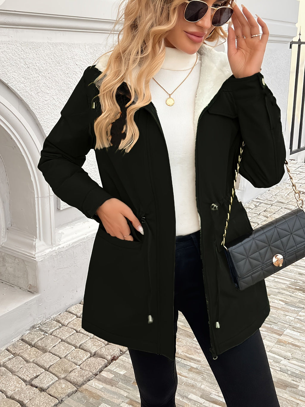 Women's Zip-Up Hooded Coat with Drawstring Waist