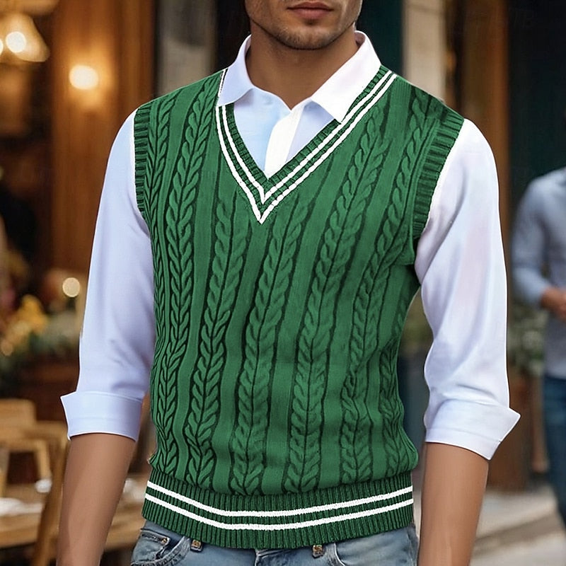 Men's V-Neck Striped Cable Knit Layering Vest