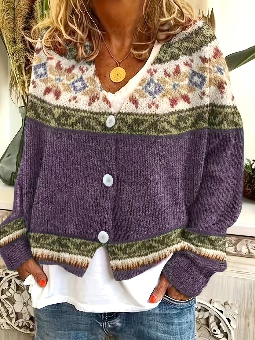 Women's Button-Up Cardigan with Patterned Geometric Yoke