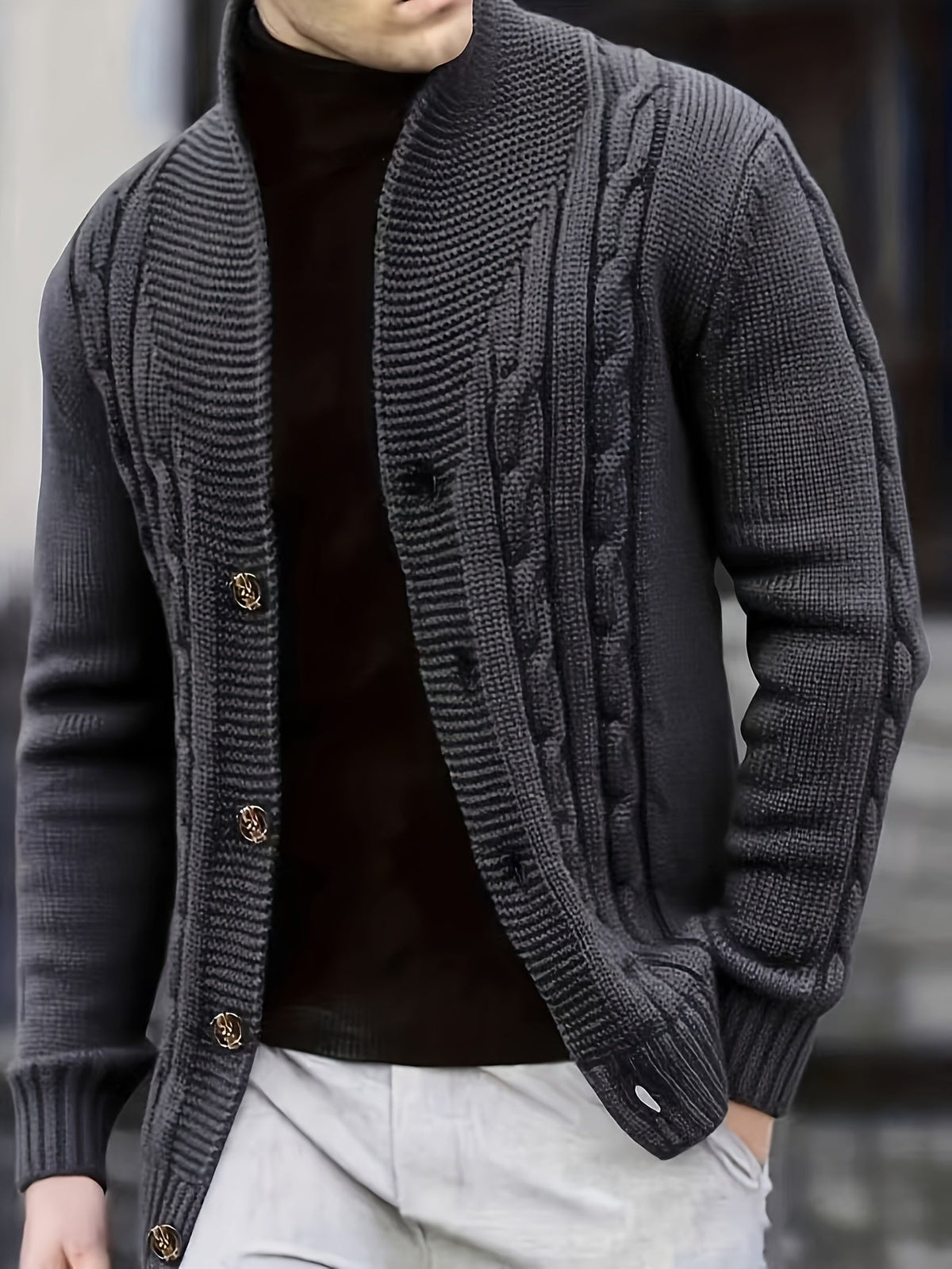Men's Cable-Knit Shawl Collar Button-Front Sweater Cardigan