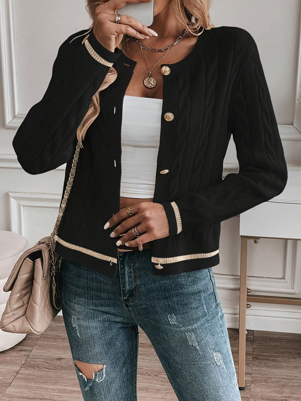 Women's Cable Knit Button-Up Cardigan with Polished Buttons