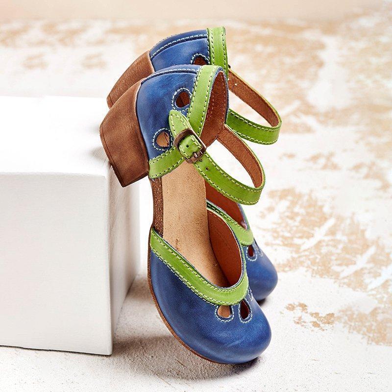Women's Leather Ankle Strap Mary Jane Flats with Panel Detail