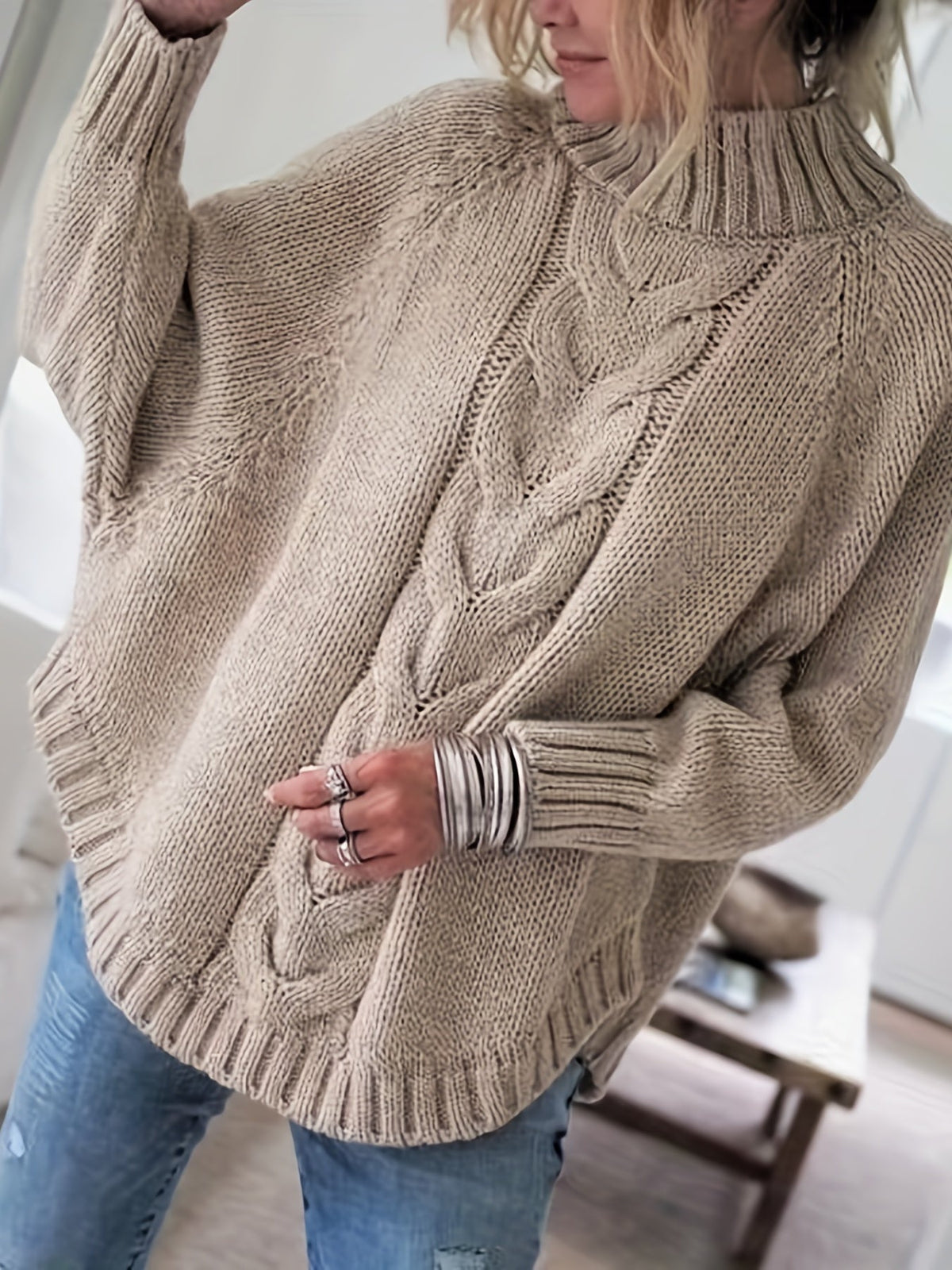 Women's Loose Fit High Neck Cable Knit Pullover
