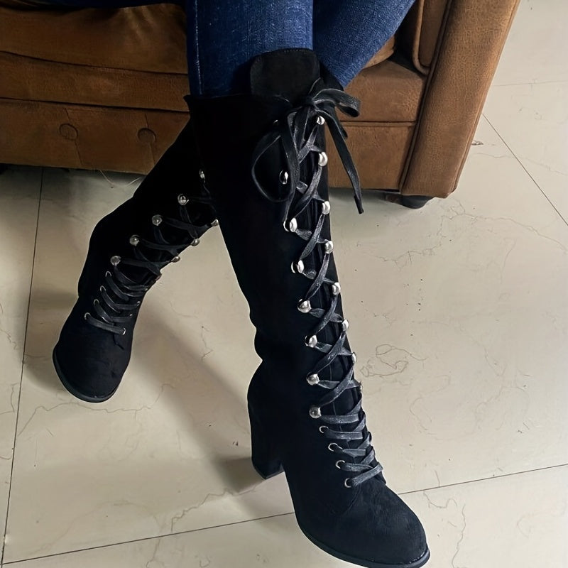 Women's Tall Boots with Front Lacing and Chunky Heel