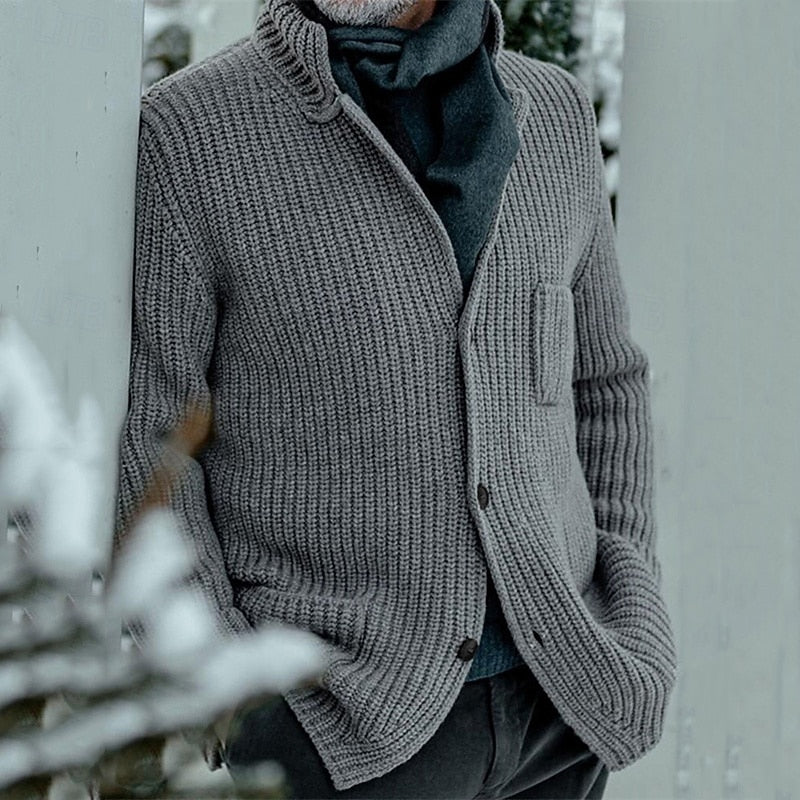 Men's Stand Collar Ribbed Front-Button Pocket Knit Cardigan