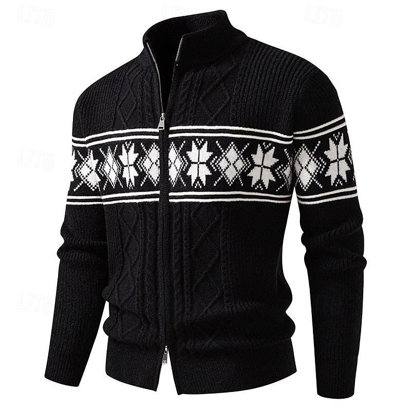Men's Zip-Front Stand Collar Fair Isle Ribbed Cardigan