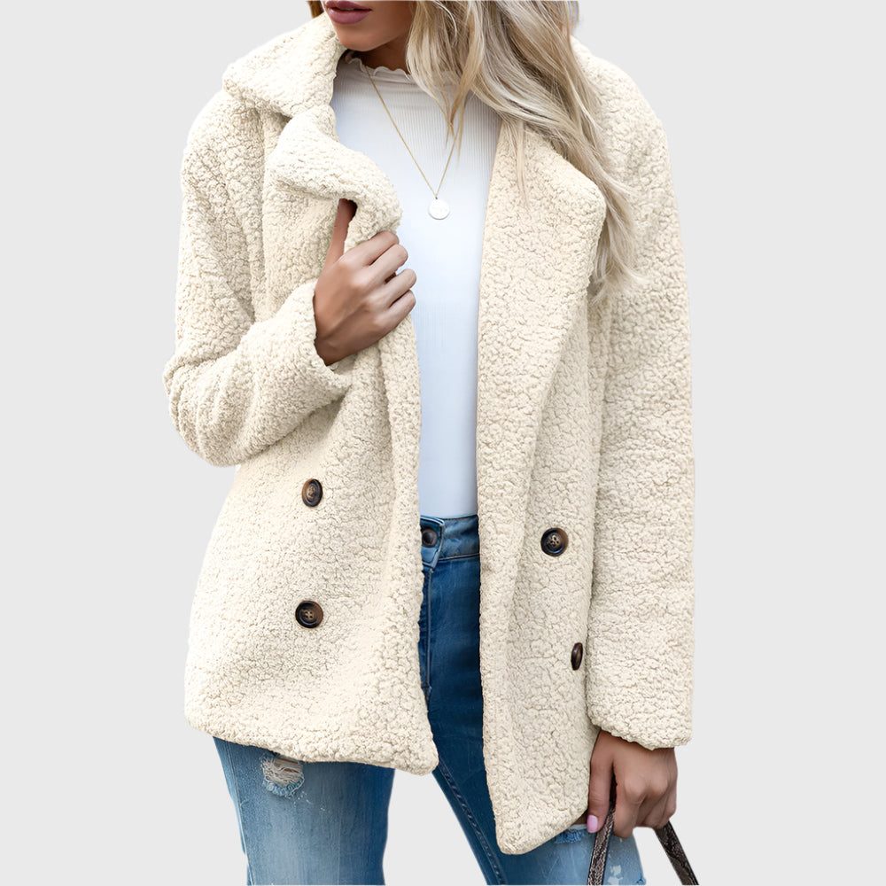 Women's Notch Collar Sherpa Coat with Double Buttons