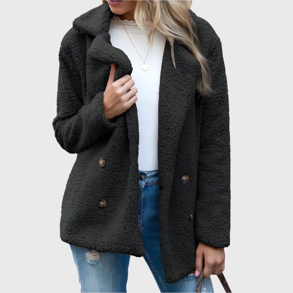 Women's Notch Collar Sherpa Coat with Double Buttons