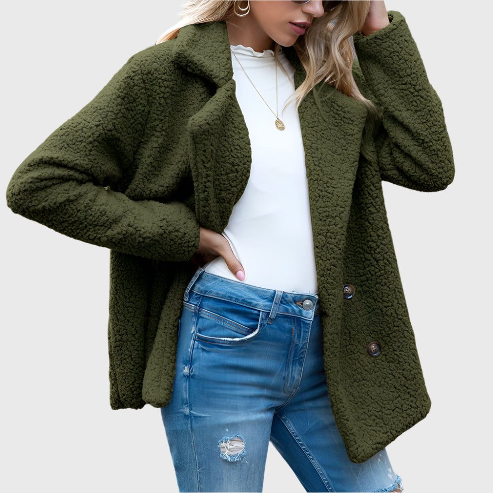 Women's Notch Collar Sherpa Coat with Double Buttons