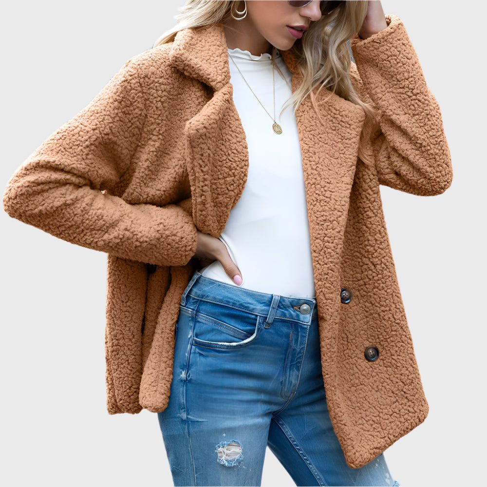 Women's Notch Collar Sherpa Coat with Double Buttons