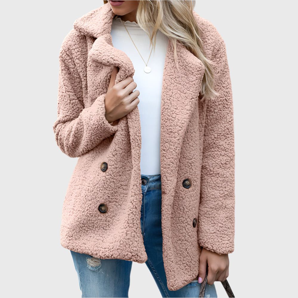 Women's Notch Collar Sherpa Coat with Double Buttons