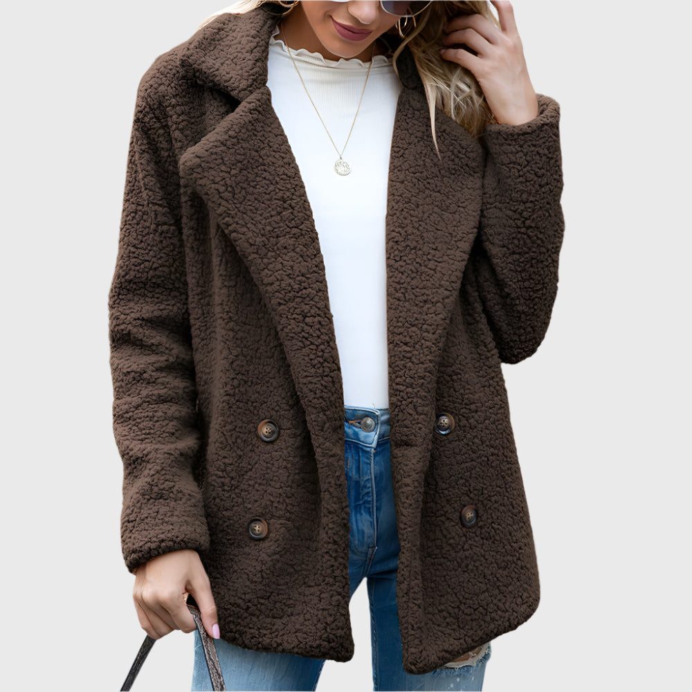 Women's Notch Collar Sherpa Coat with Double Buttons