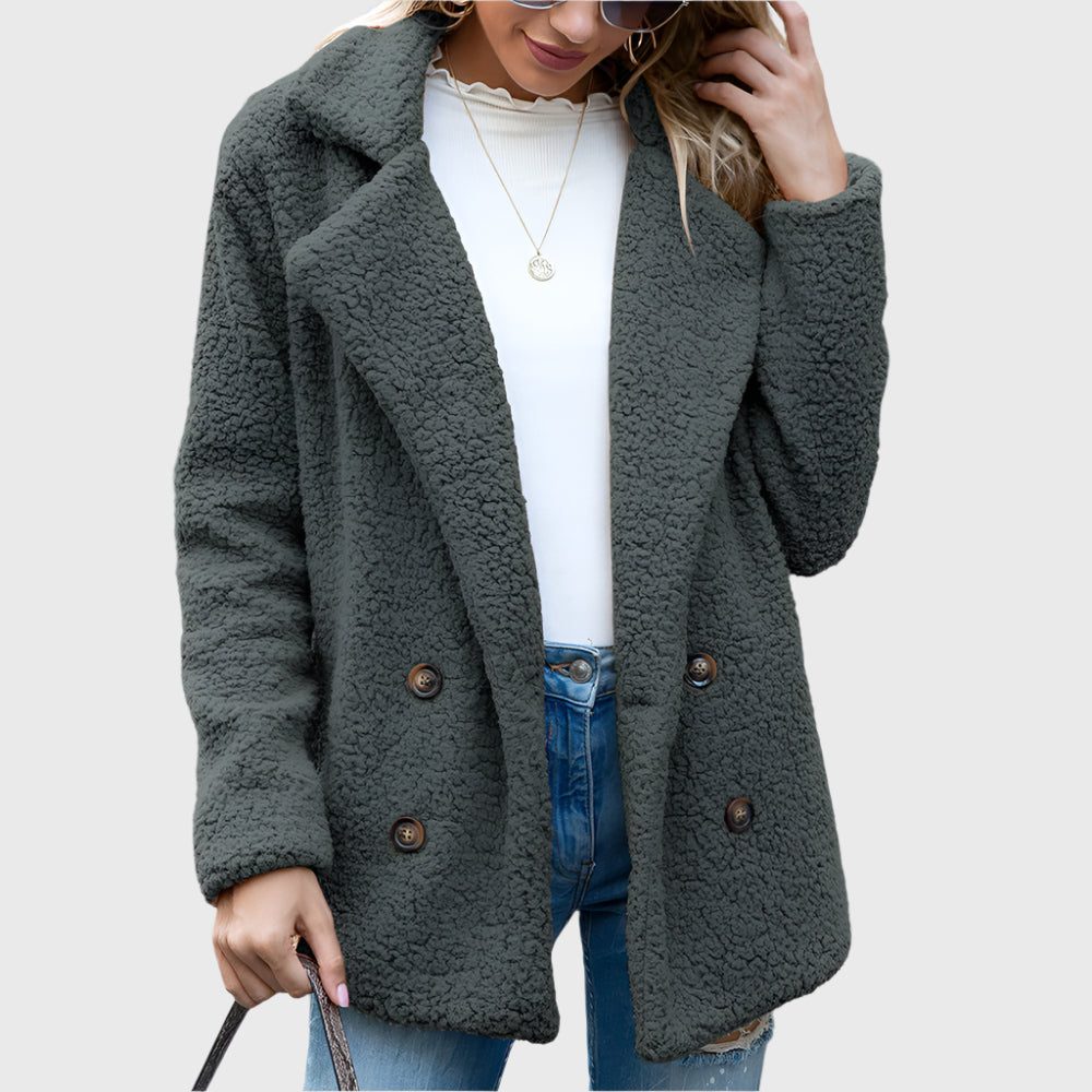 Women's Notch Collar Sherpa Coat with Double Buttons