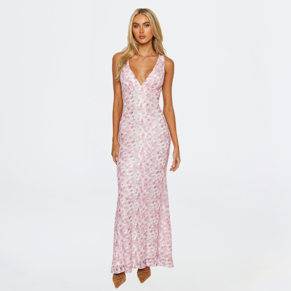 Women's Sleeveless V-Neck Floral Wedding Guest Maxi Dress