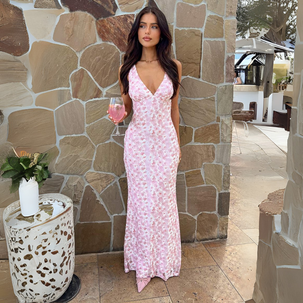 Women's Sleeveless V-Neck Floral Wedding Guest Maxi Dress