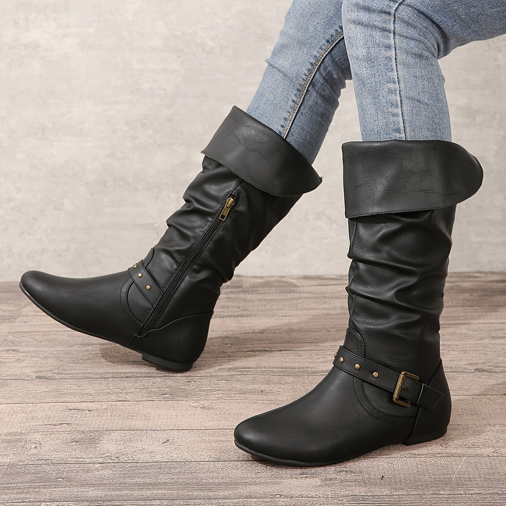 Women's Round Toe Flat Slouch Tall Boots