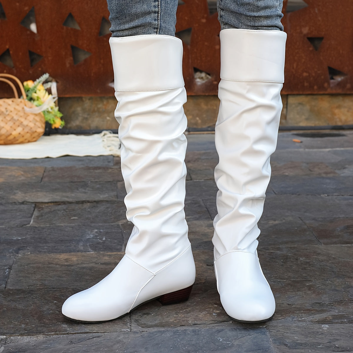 Women's Round Toe Low Heel Slouchy Tall Boots